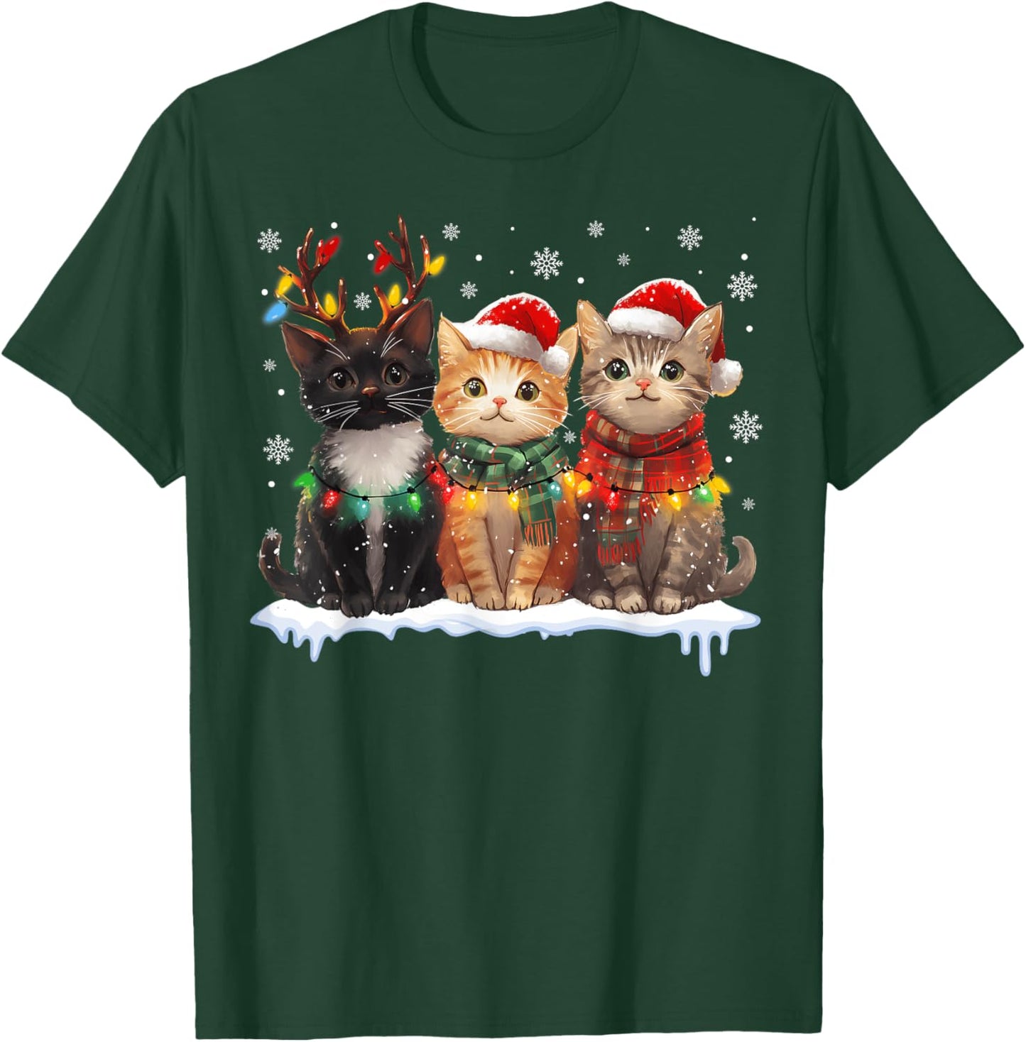 Santa Cat Light Reindeer Christmas Cat Lover Pajamas T-Shirt - T-Shirt | Forest
