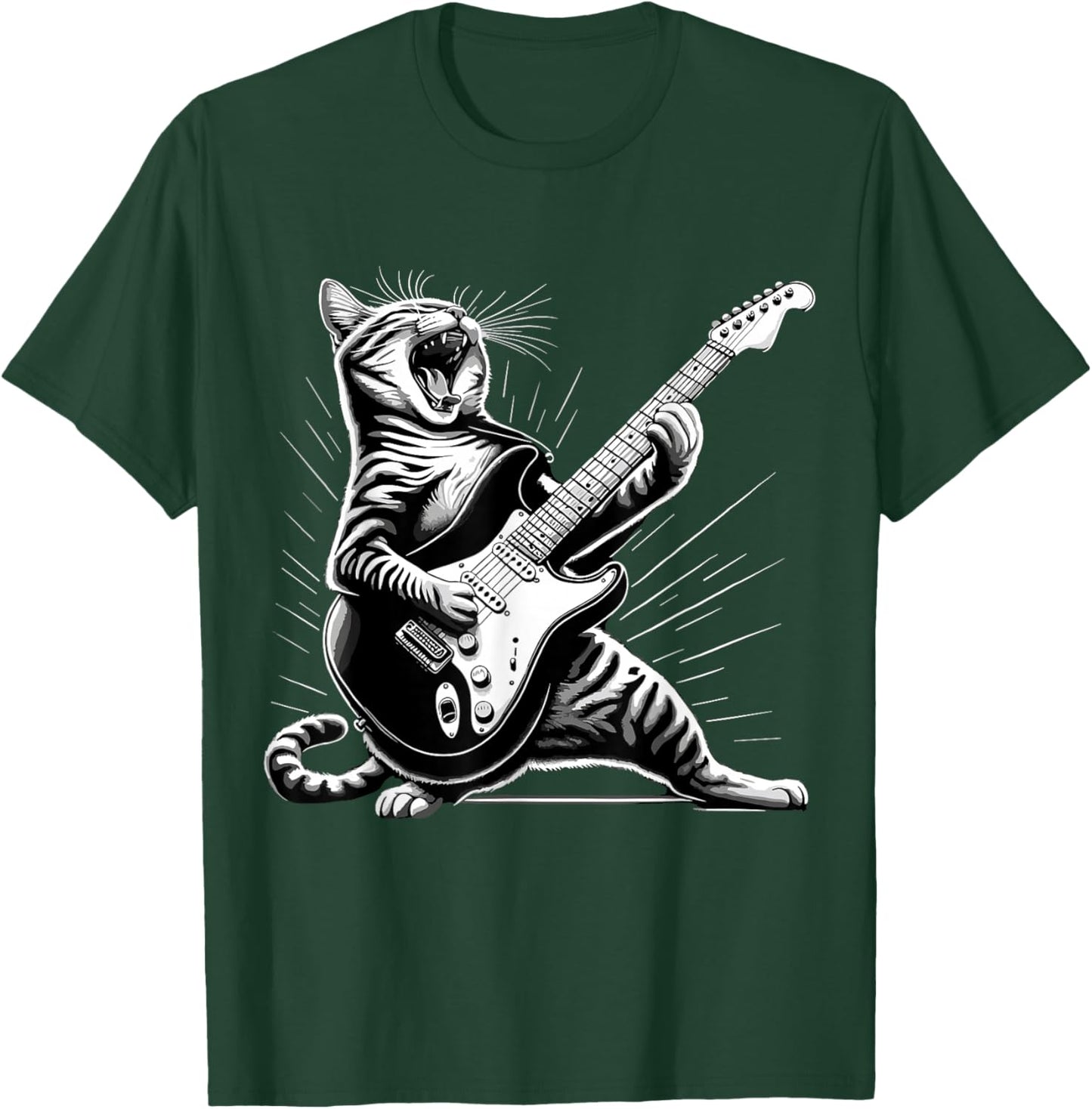 Humorous Gifts for Guitarist Rock and Roll Cat Playing Guitar T-Shirt - T-Shirt | Forest