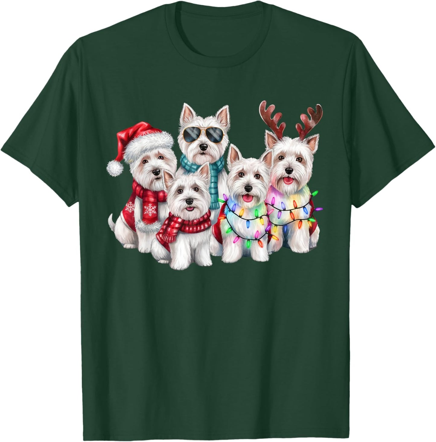 Westie Reindeer Christmas Lights Dog Lover Xmas Pajama Men Women T-Shirt - T-Shirt | Forest