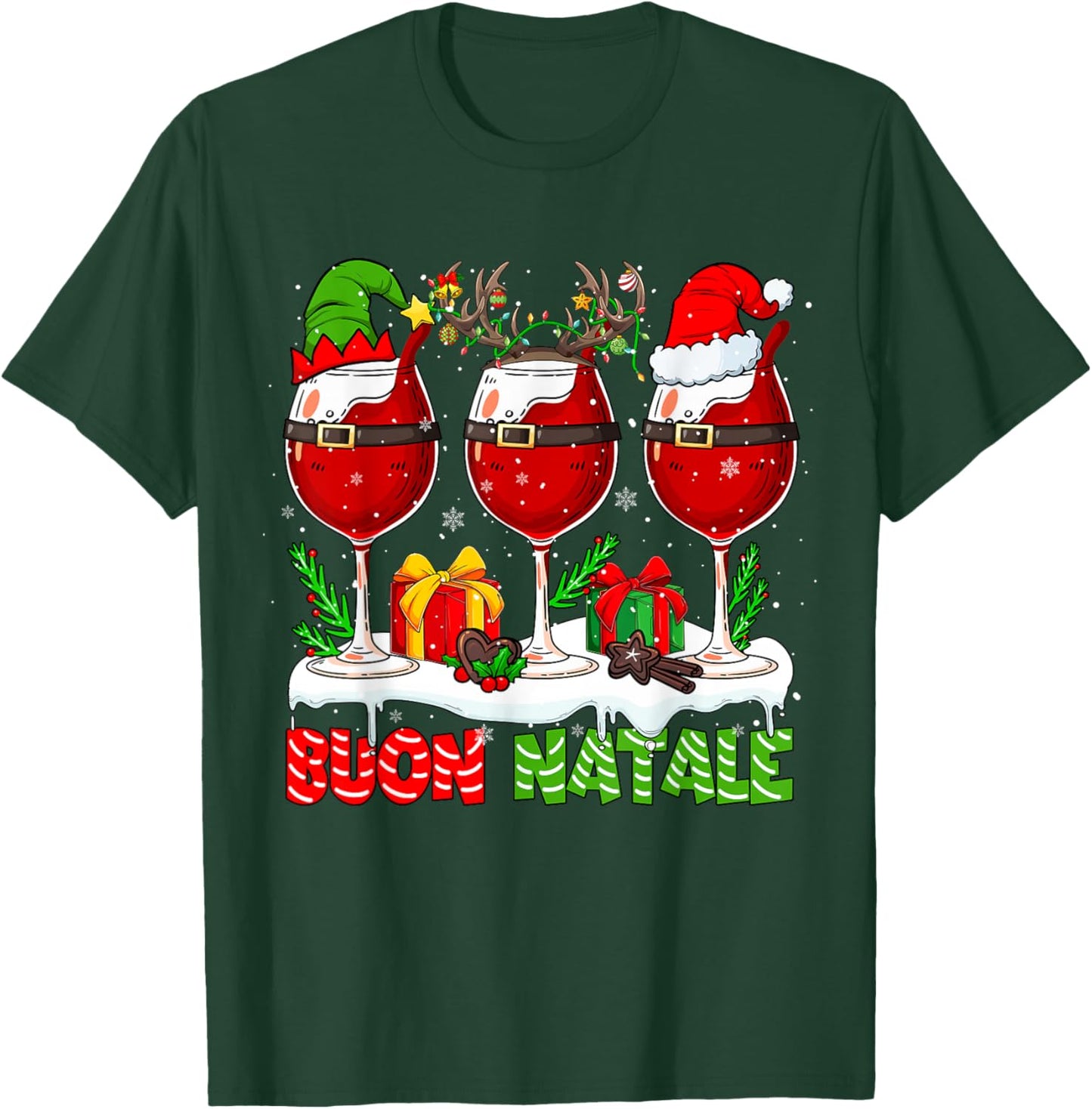 Buon Natale Merry Christmas Italian Three Santa Wine Glasses T-Shirt - T-Shirt | Forest