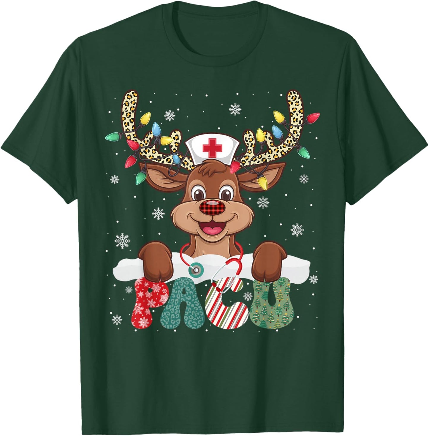 PACU Nurse Reindeer Nurse Hat Christmas Light Women Girl T-Shirt - T-Shirt | Forest