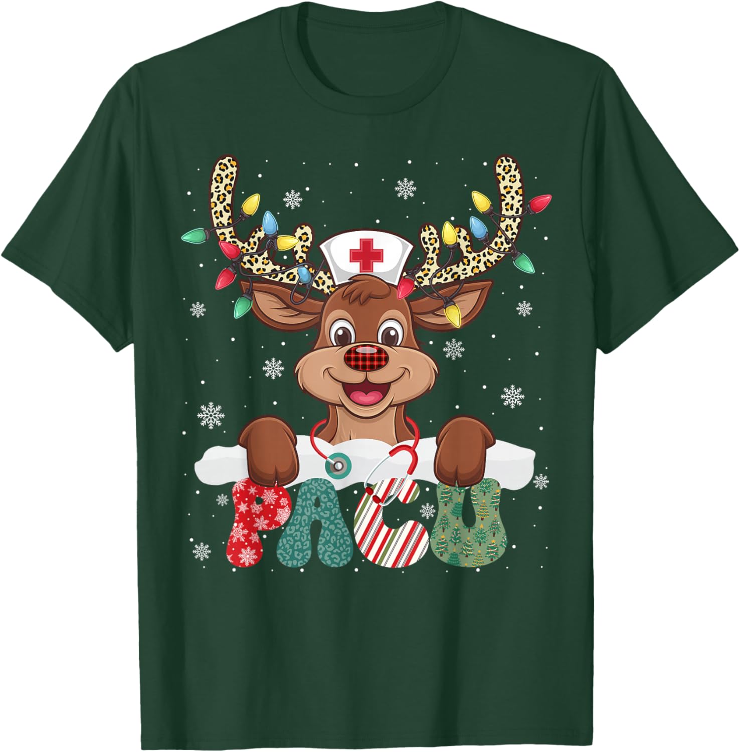 PACU Nurse Reindeer Nurse Hat Christmas Light Women Girl T-Shirt - T-Shirt | Forest