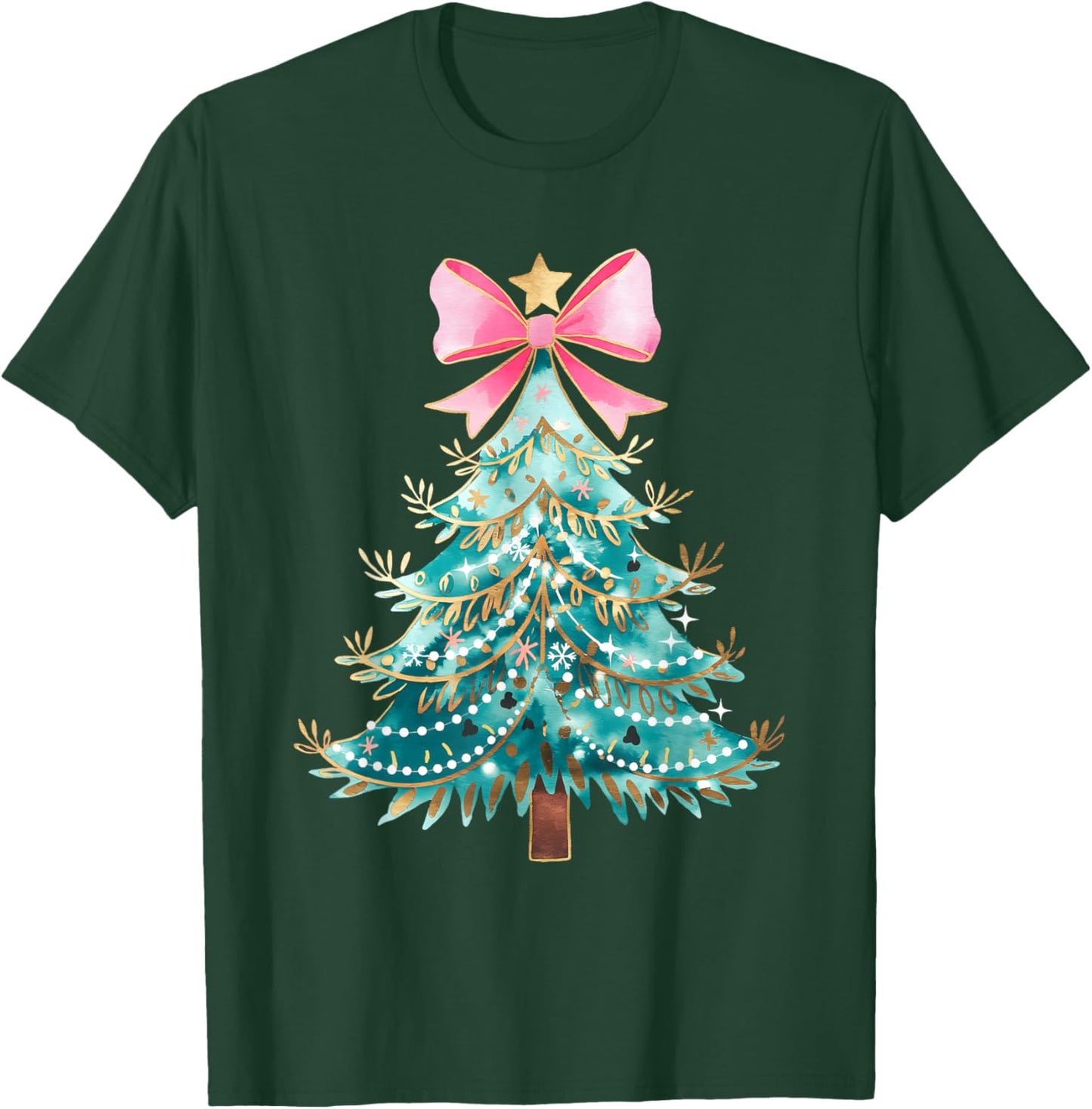Christmas Tree Bow Pink Christmas Coquette Bow Xmas Holiday T-Shirt - T-Shirt | Forest