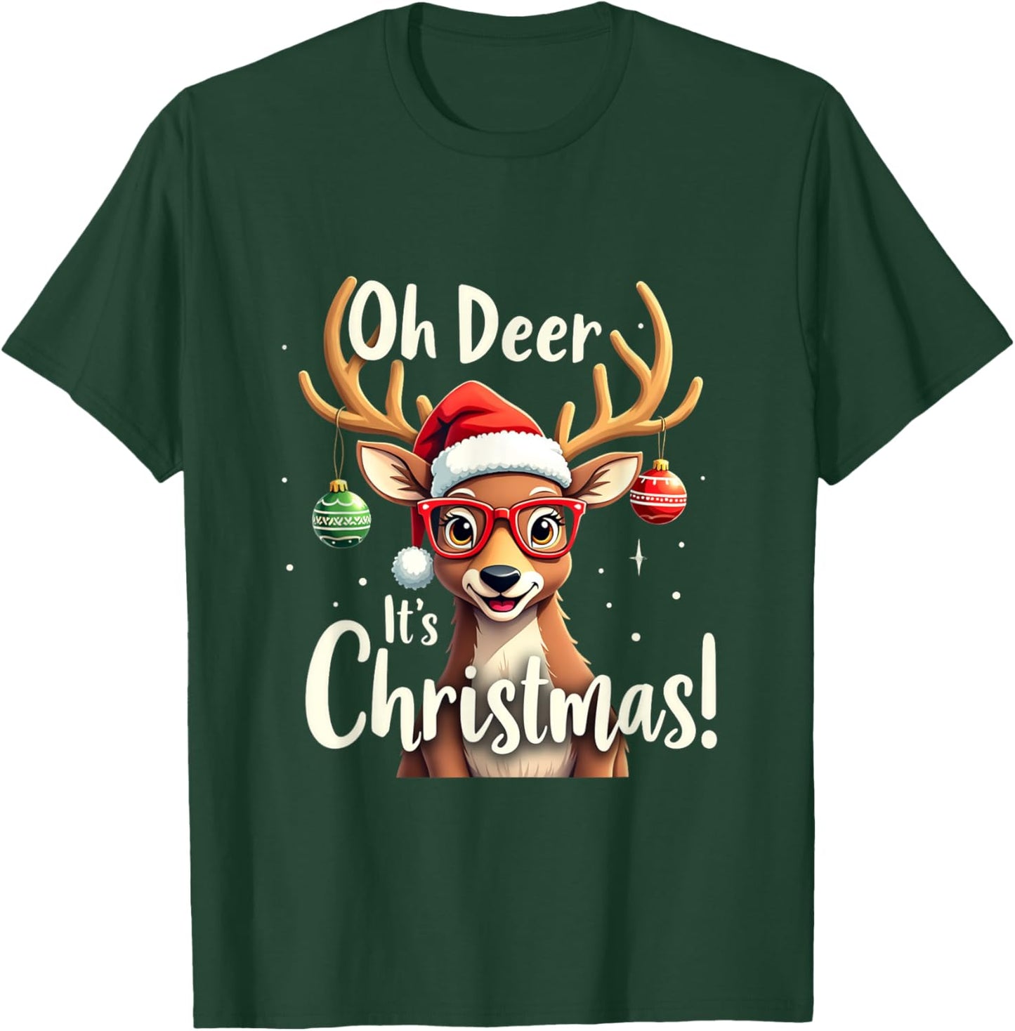 Oh Deer It's Christmas with Santa Hat and Glasses T-Shirt - T-Shirt | Forest
