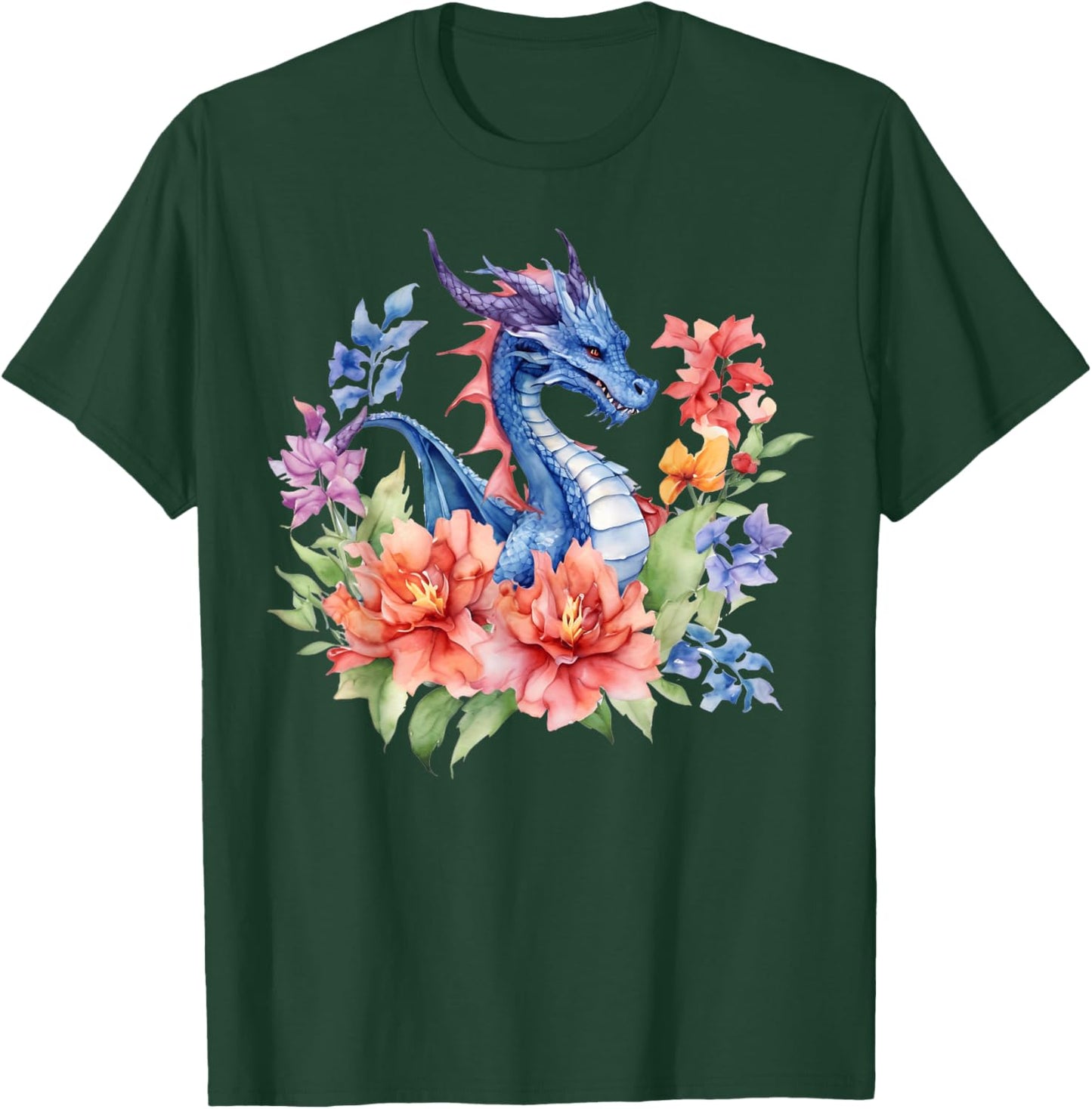 Watercolor Dragon Flowers Beautiful Art Colorful Graphic T-Shirt - T-Shirt | Forest