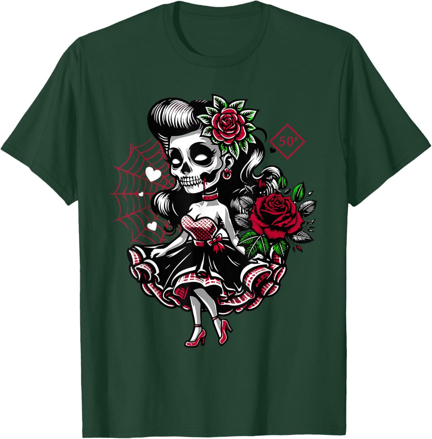 Kawaii Rockabilly Skeleton Pin Up Horror Rebel T-Shirt - T-Shirt | Forest