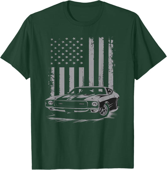 Vintage American USA Flag Muscle Car Enthusiast Fan Men Guy T-Shirt - T-Shirt | Forest