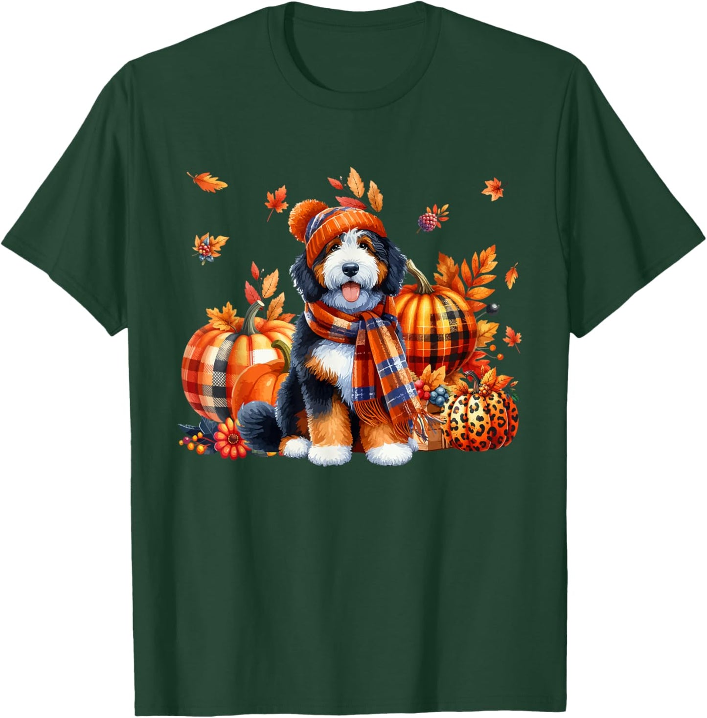 Bernedoodle Thanksgiving Leopard Pumpkins Fall Leaves Lover T-Shirt - T-Shirt | Forest