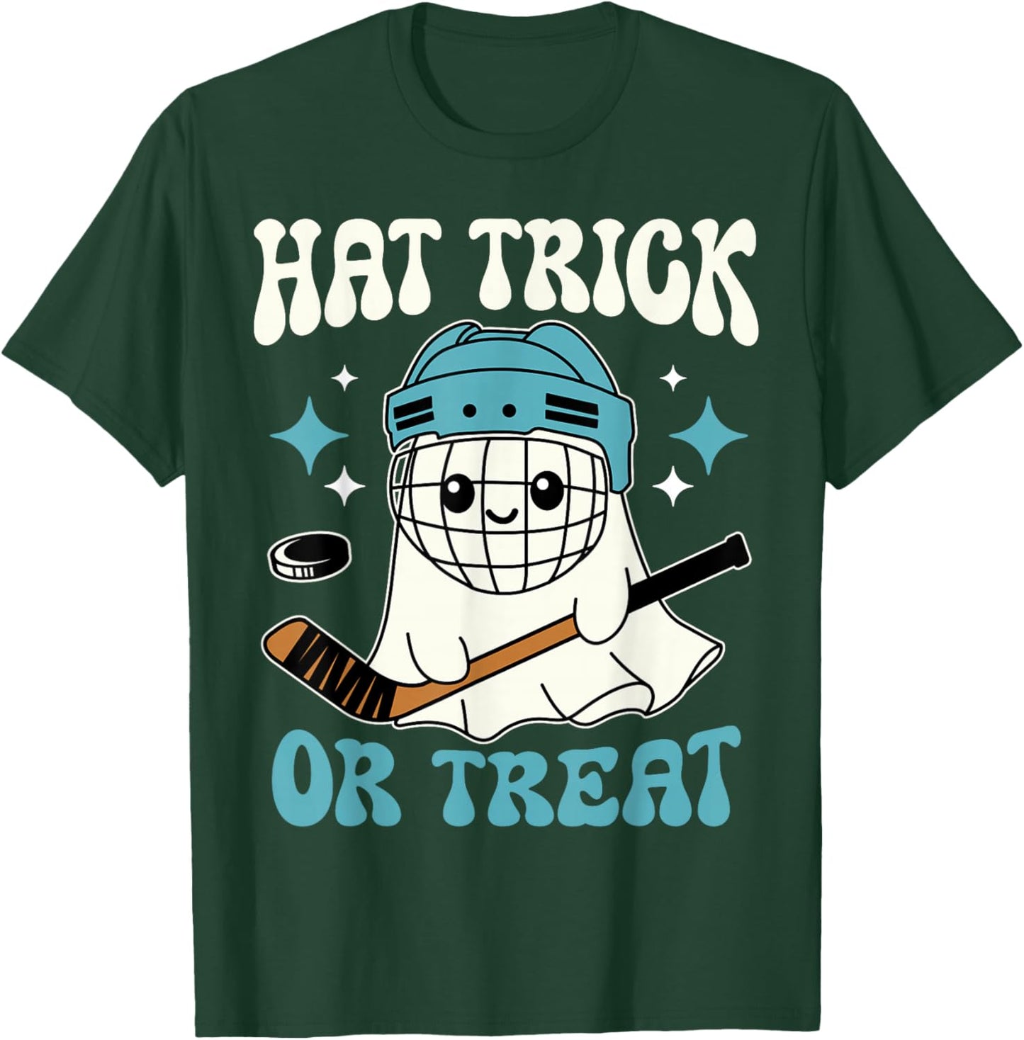 Hat Trick Or Treat Halloween Ice Hockey Player Ghost Hockey T-Shirt - T-Shirt | Forest