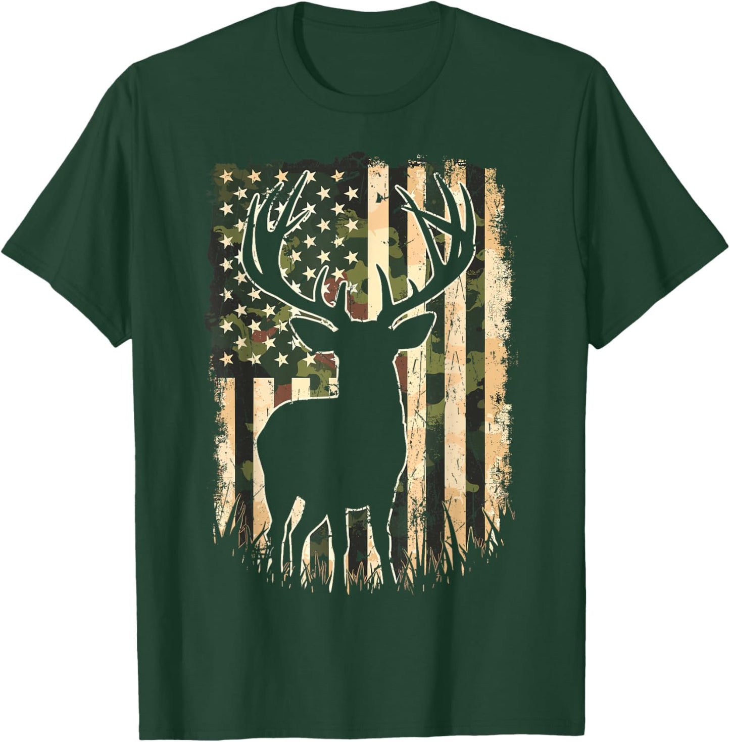 Camo US Flag Deer Hunting Camoflage Hunter T-Shirt - T-Shirt | Forest