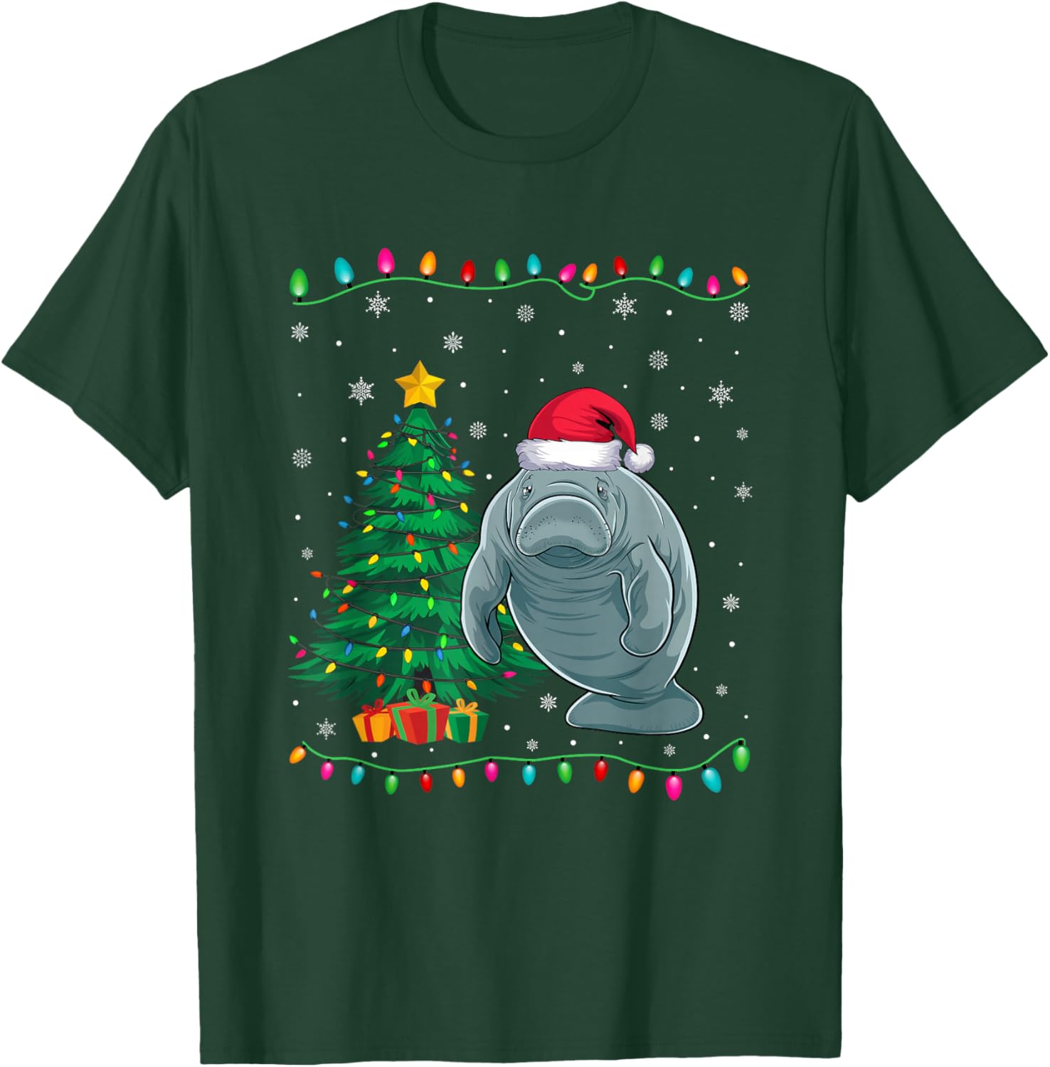Manatee Santa Hat Men Women Kids Christmas Tree Lights T-Shirt - T-Shirt | Forest