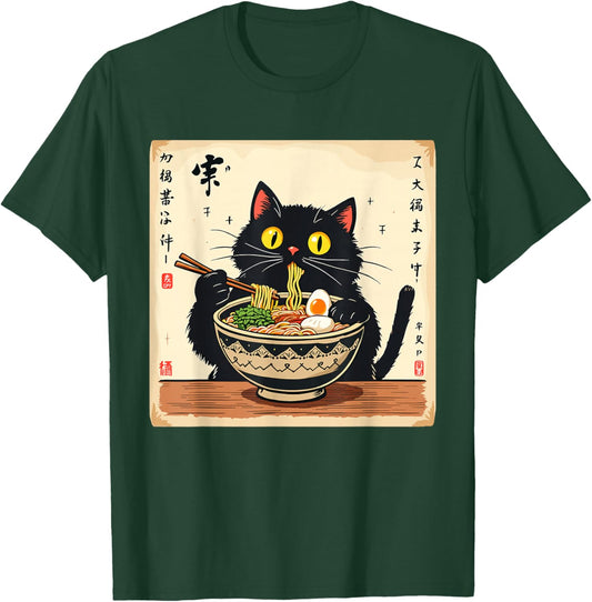 Cute Black Cat Eating Ramen Noodles Lover Japanese Clothing T-Shirt - T-Shirt | Forest
