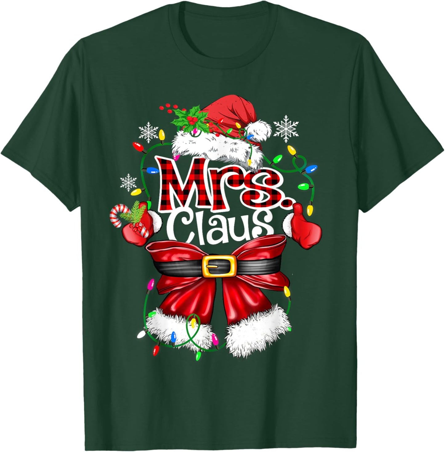 Mr and Mrs Claus Couples Santa Christmas Lights Pajamas T-Shirt - T-Shirt | Forest