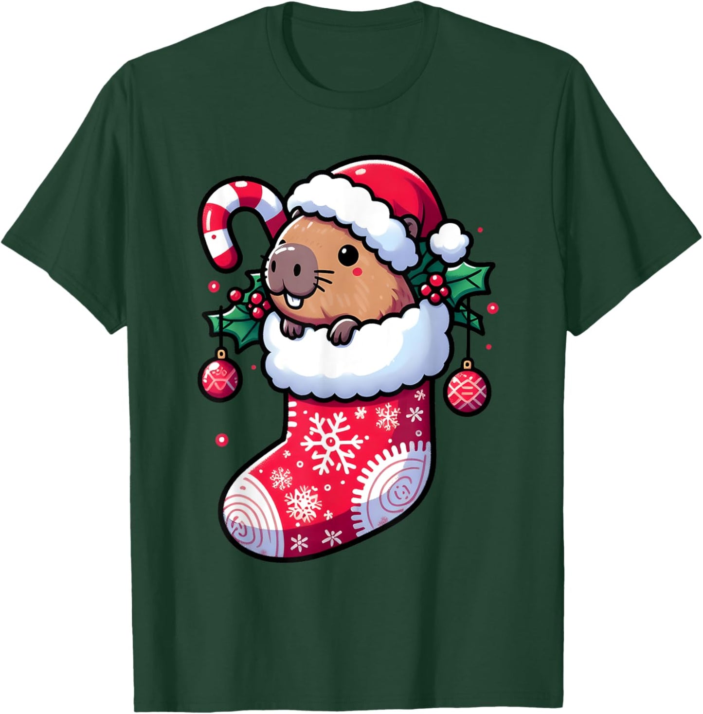 Cute Capybara Wearing Santa Hat in Christmas Stocking Pajama T-Shirt - T-Shirt | Forest