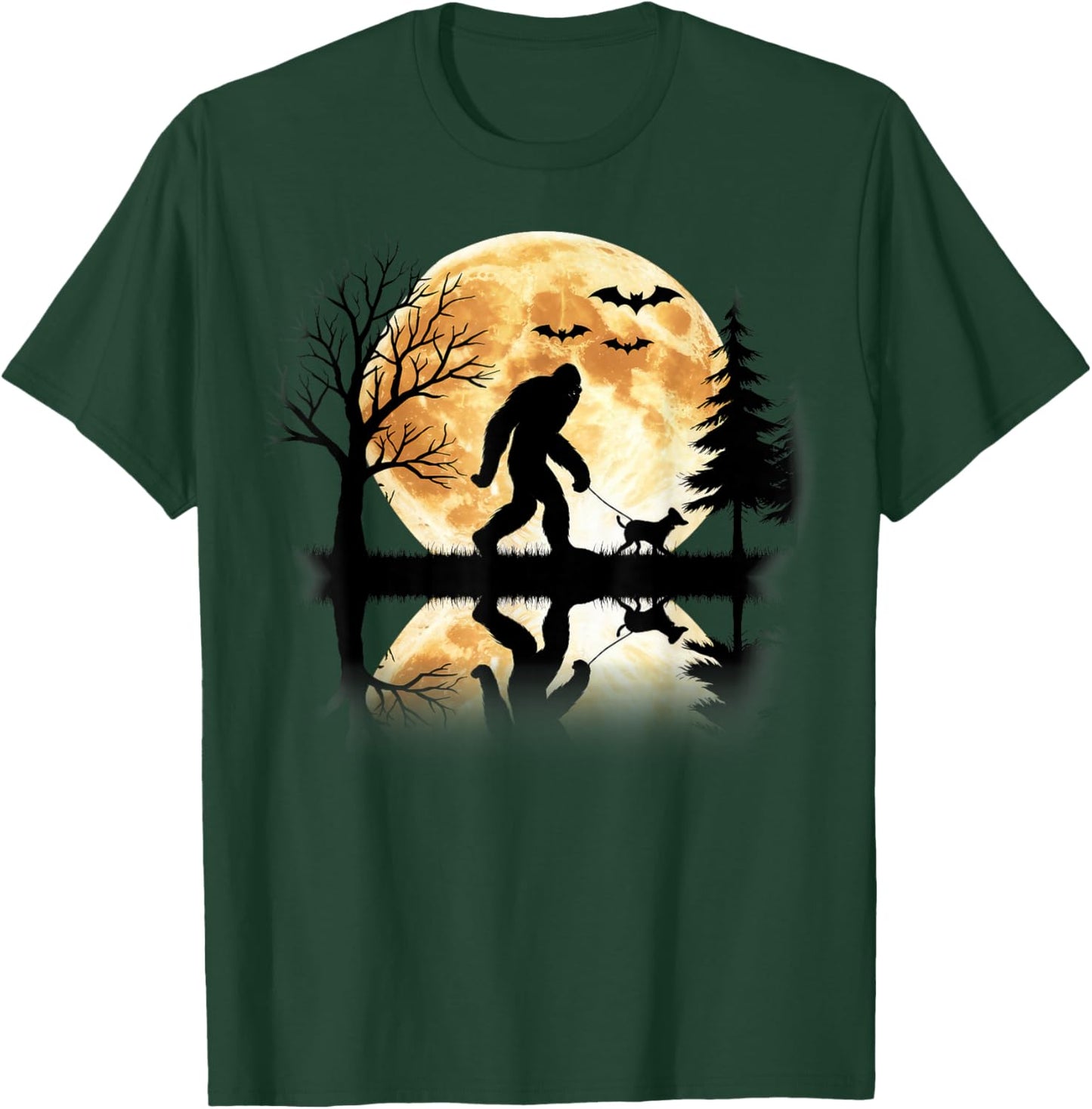 Bigfoot Walking With Dog Funny Halloween Moon T-Shirt - T-Shirt | Forest