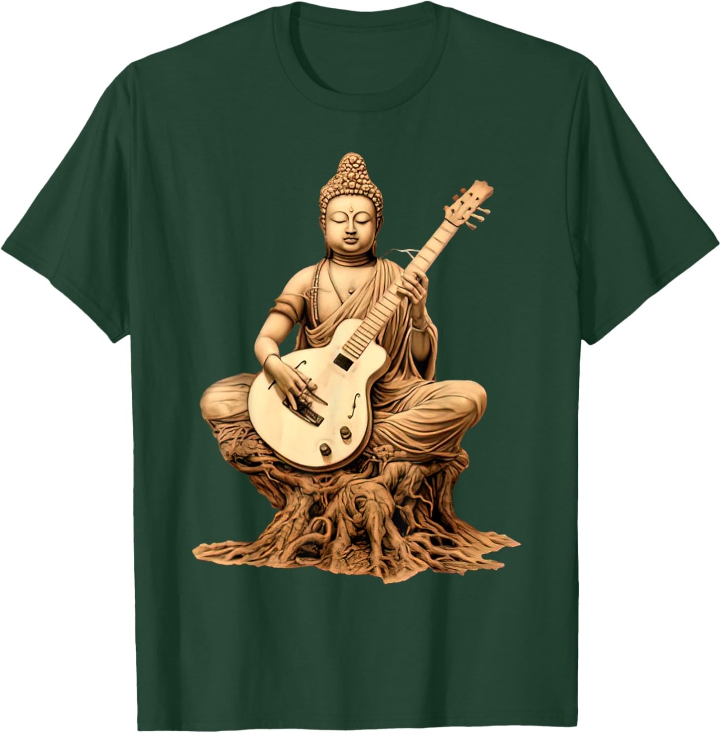 Vintage Buddha Playing Guitar Yoga Buddhist Yogi Music Lover T-Shirt - T-Shirt | Forest
