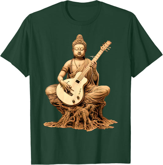 Vintage Buddha Playing Guitar Yoga Buddhist Yogi Music Lover T-Shirt - T-Shirt | Forest