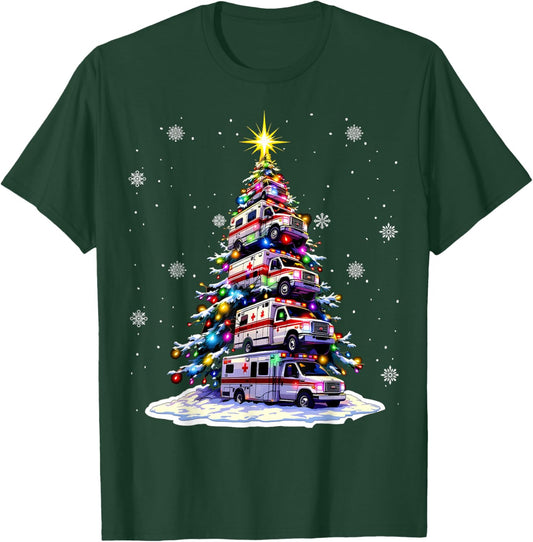 Ambulance Christmas Tree Funny Holiday EMS Medical Workers T-Shirt - T-Shirt | Forest