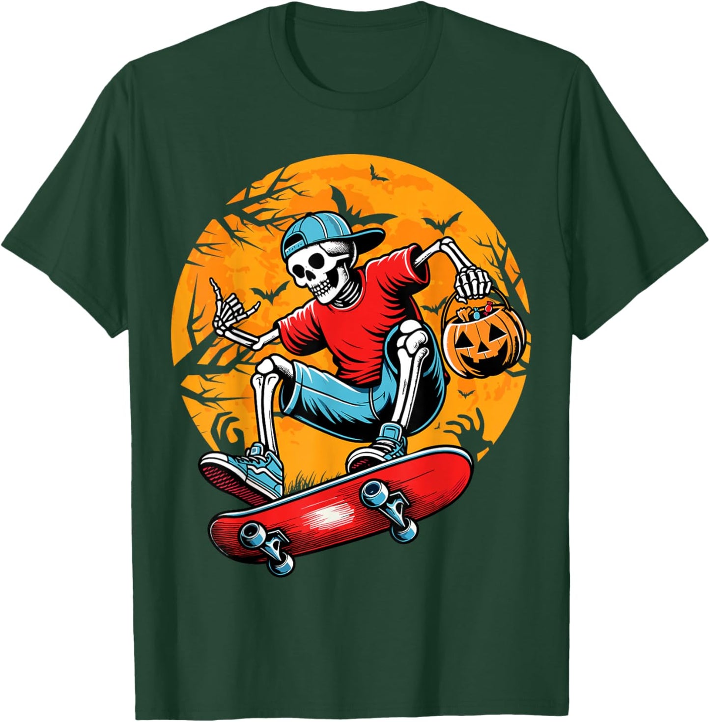 Skateboarding Skeleton Pumpkin Funny Skateboard Halloween T-Shirt - T-Shirt | Forest