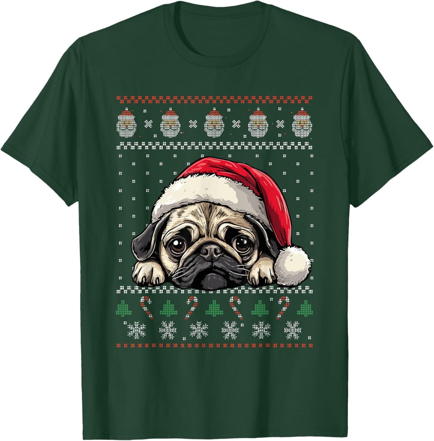 Ugly Christmas Sweater Pug Santa Hat Dog Lover Art T-Shirt - T-Shirt | Forest