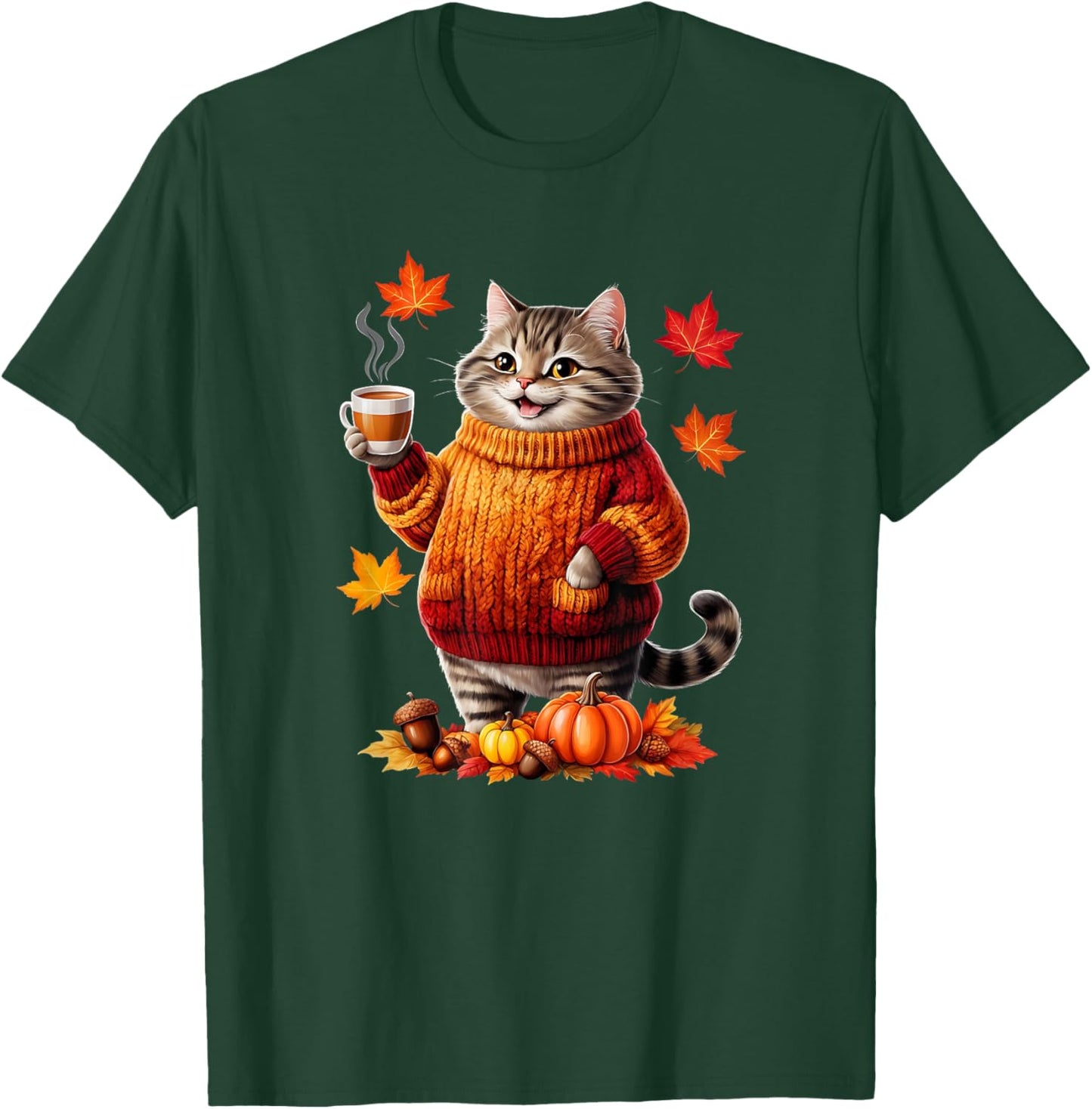 Cozy Cat With Sweater Funny Fall Graphic Women Girls Kids T-Shirt - T-Shirt | Forest