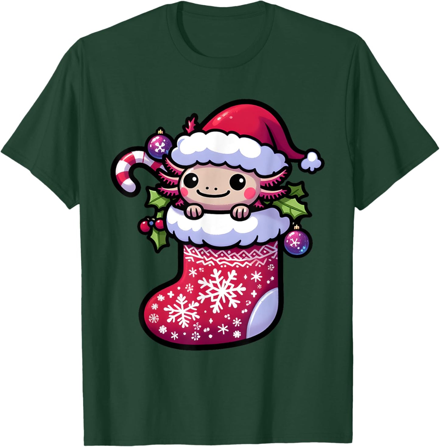 Cute Christmas Candy Cane Santa Axolotl in Xmas Stocking T-Shirt - T-Shirt | Forest