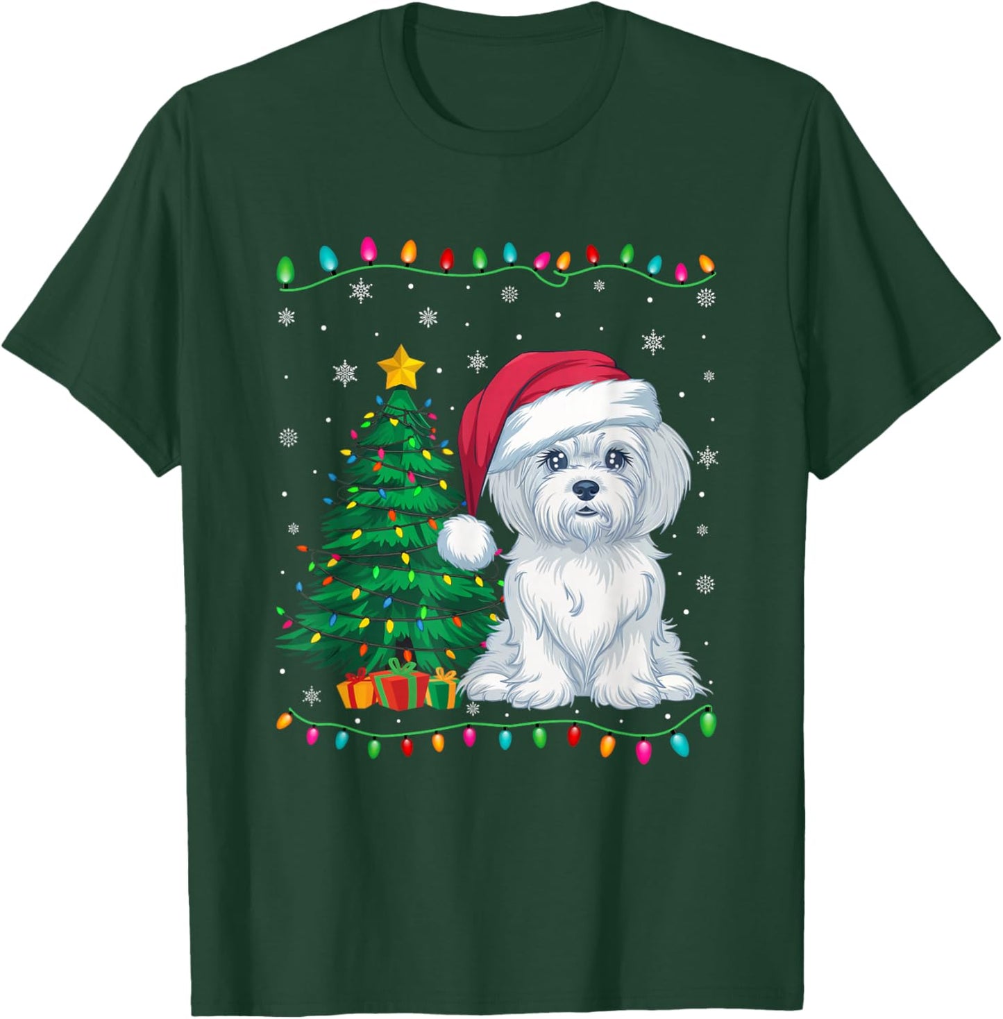 Maltese Dog Santa Hat Men Women Kids Christmas Tree Lights T-Shirt - T-Shirt | Forest