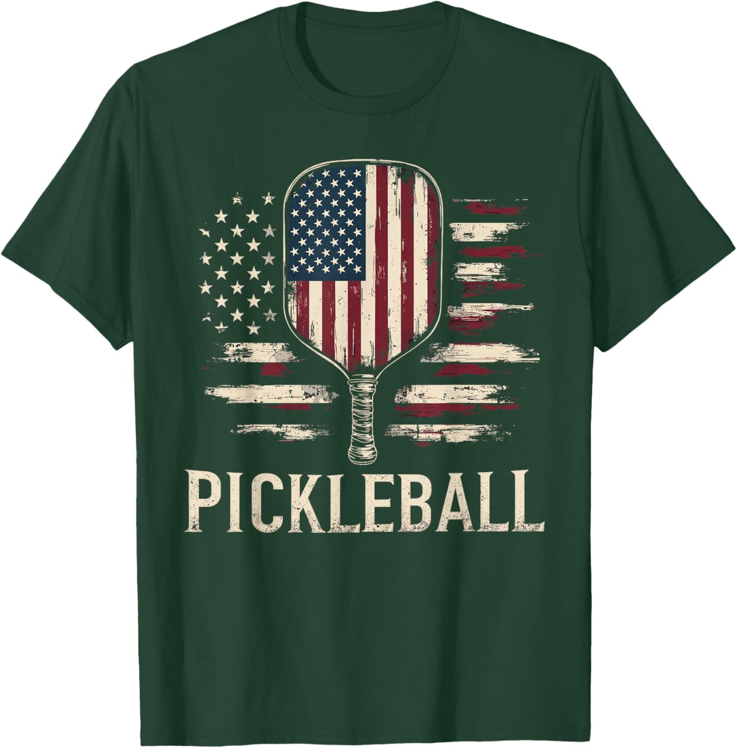 Pickleball Player US Flag Retro Paddleball T-Shirt - T-Shirt | Forest