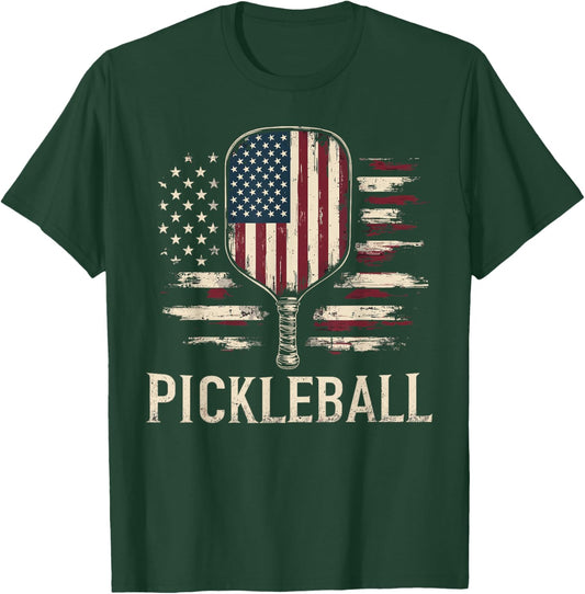 Pickleball Player US Flag Retro Paddleball T-Shirt - T-Shirt | Forest