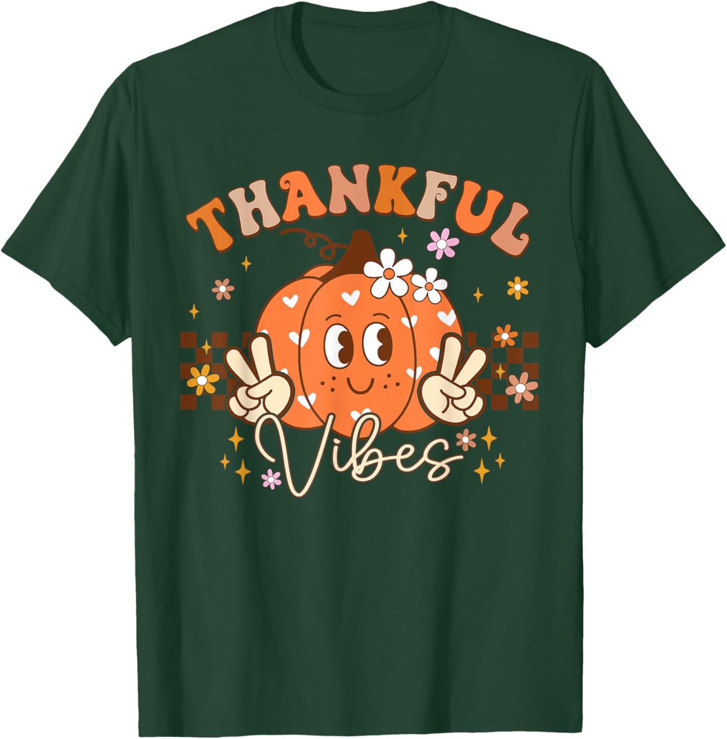 Retro Groovy Fall Pumpkin Peace Thanksgiving Women Girls T-Shirt - T-Shirt | Forest