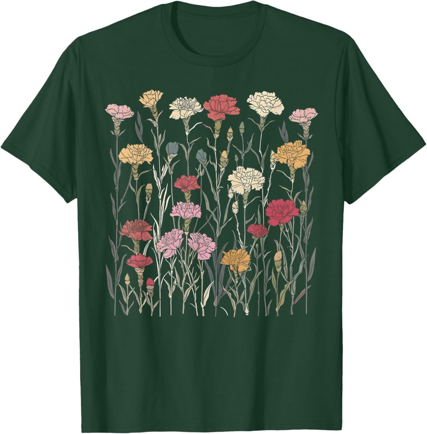 Vintage Botanical Carnation Flower Girl Floral Plant Mom T-Shirt - T-Shirt | Forest