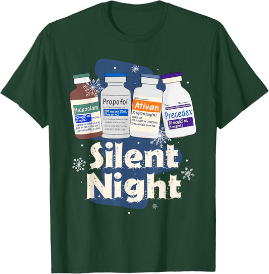 Christmas Nurse RN ER ICU Nursing Xmas Vibes Silent A Night T-Shirt - T-Shirt | Forest