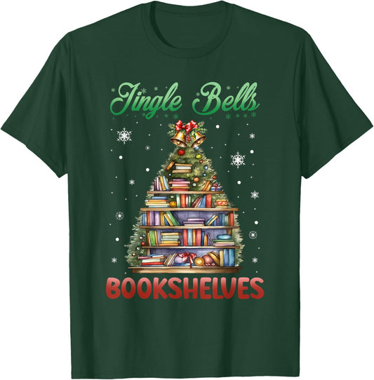 Jingle Bells Bookshelves Christmas Bookworm Librarian T-Shirt - T-Shirt | Forest