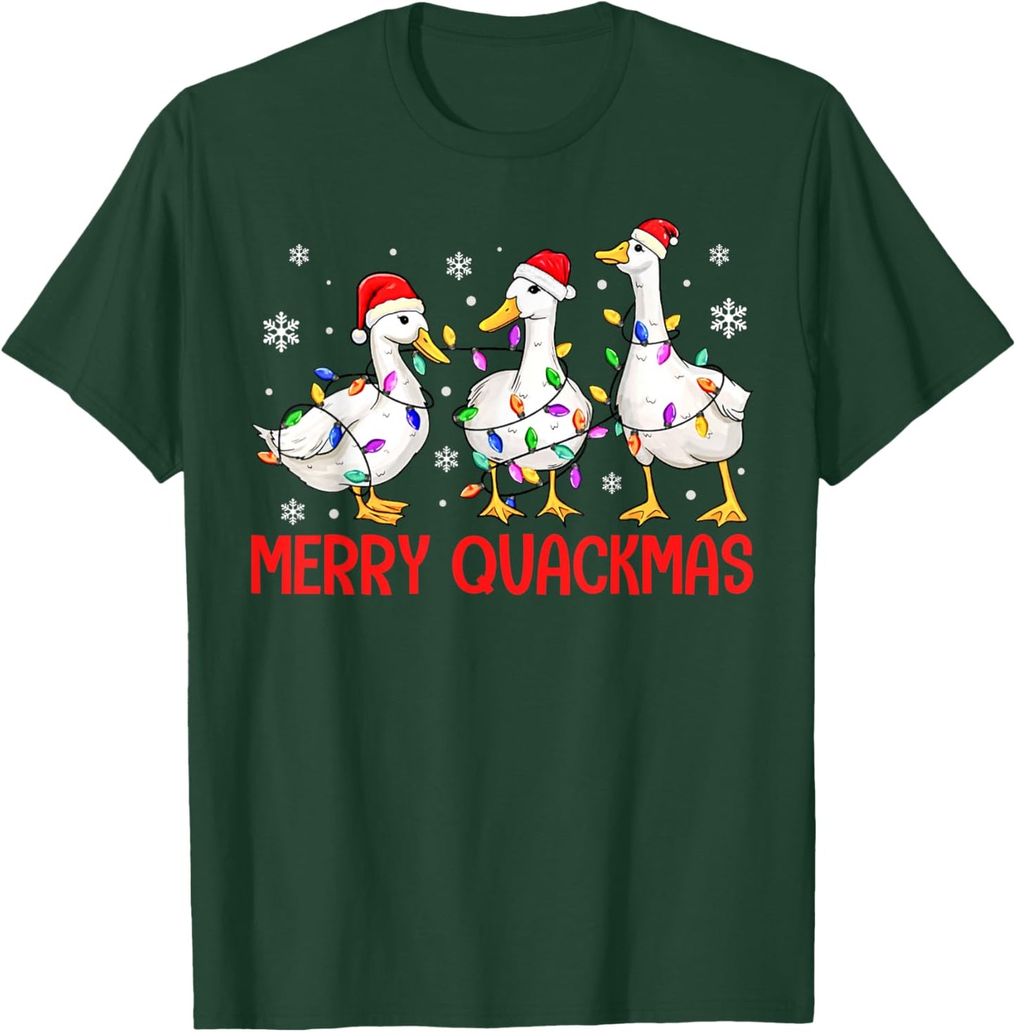 Funny Merry Quackmas Duck Santa Hat Christmas Lights Duck T-Shirt - T-Shirt | Forest