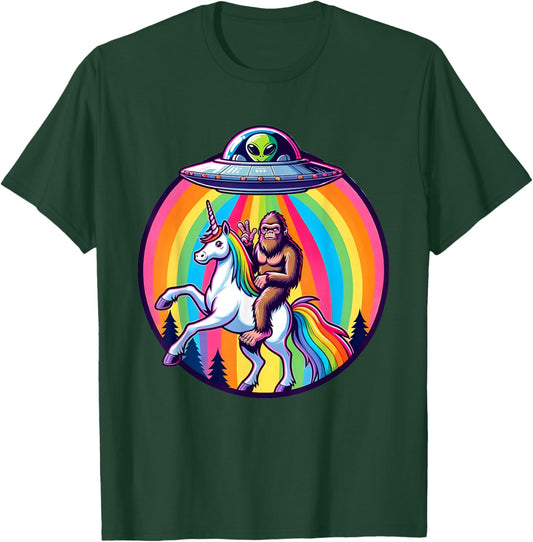 Bigfoot Riding a Unicorn beamed up by a UFO, Alien, Cryptid T-Shirt - T-Shirt | Forest