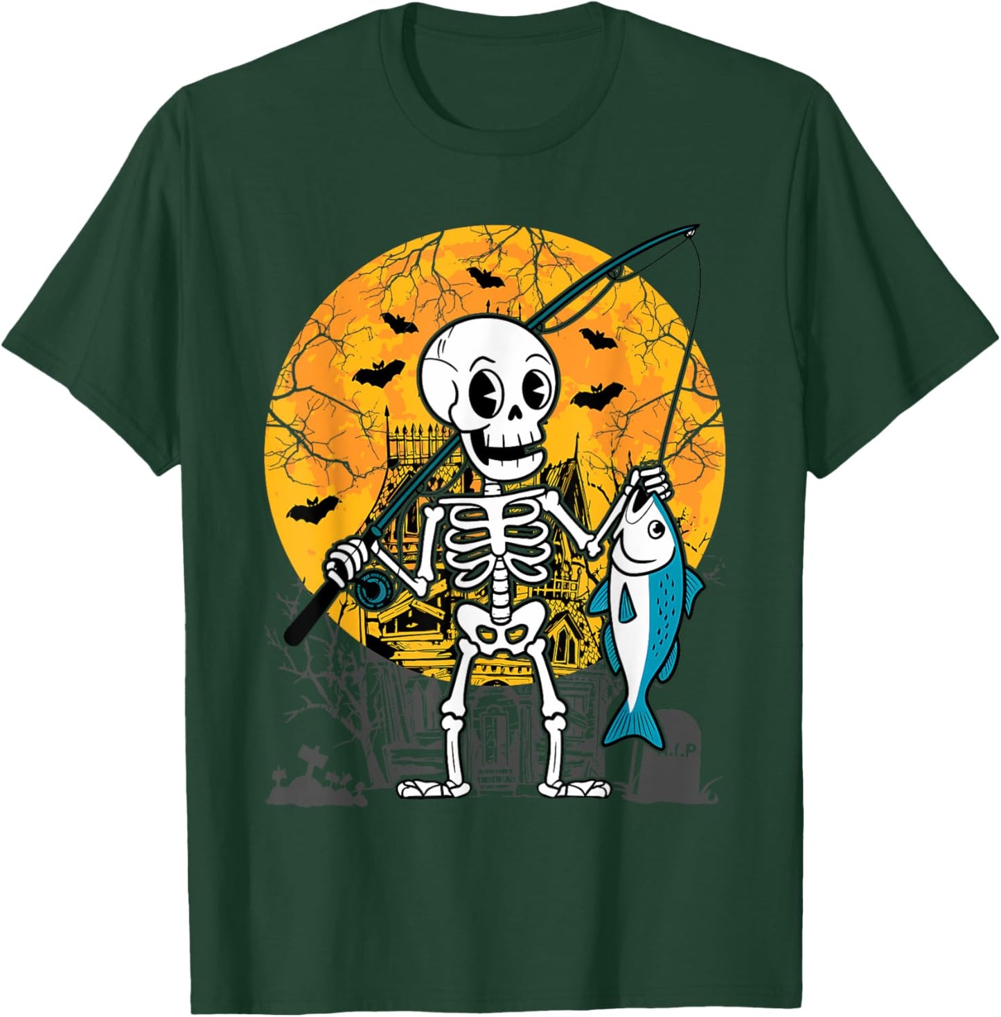 Halloween Skeleton Fishing Costume Fisherman Men Boys Kids T-Shirt - T-Shirt | Forest