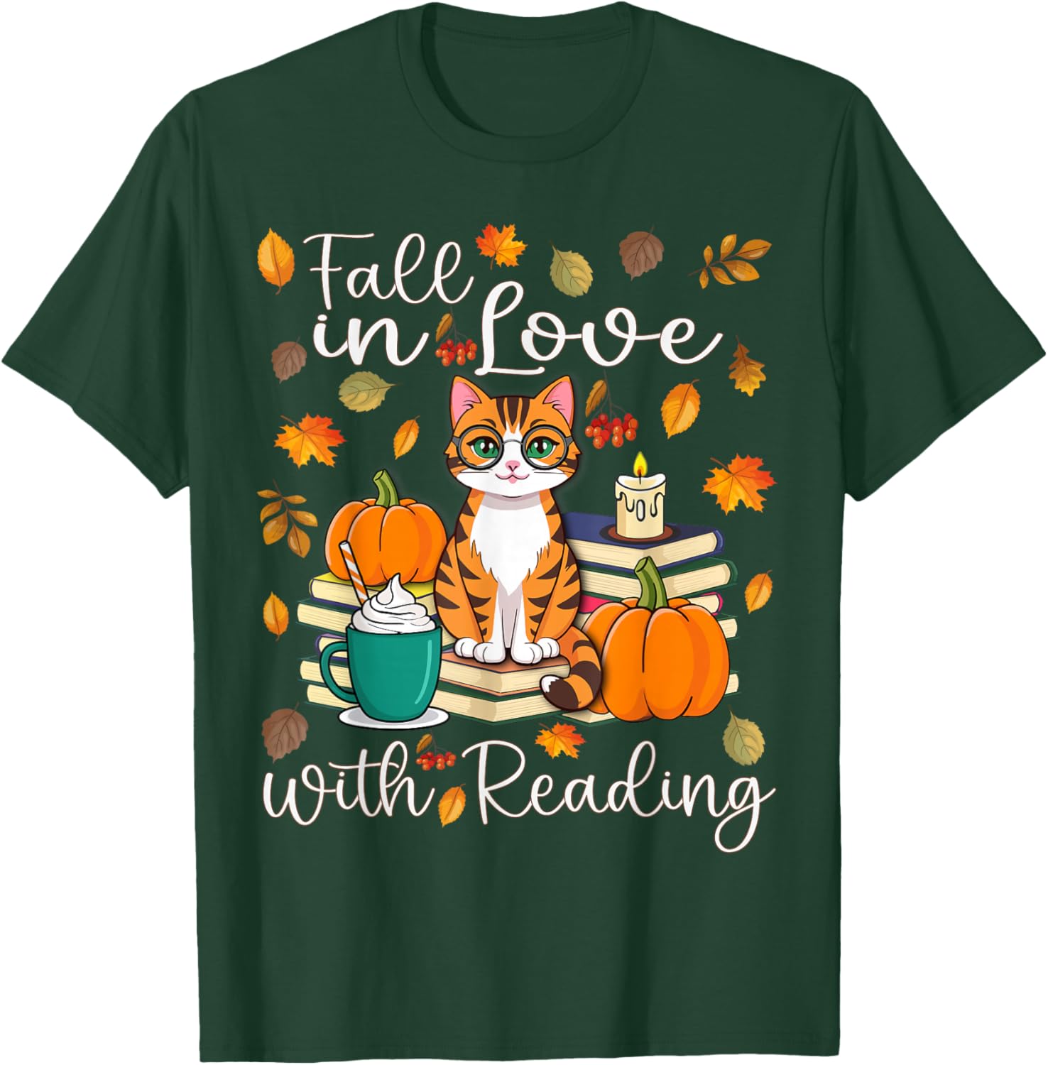 Cat Fall In Love With Reading Book Lover Autumn T-Shirt - T-Shirt | Forest