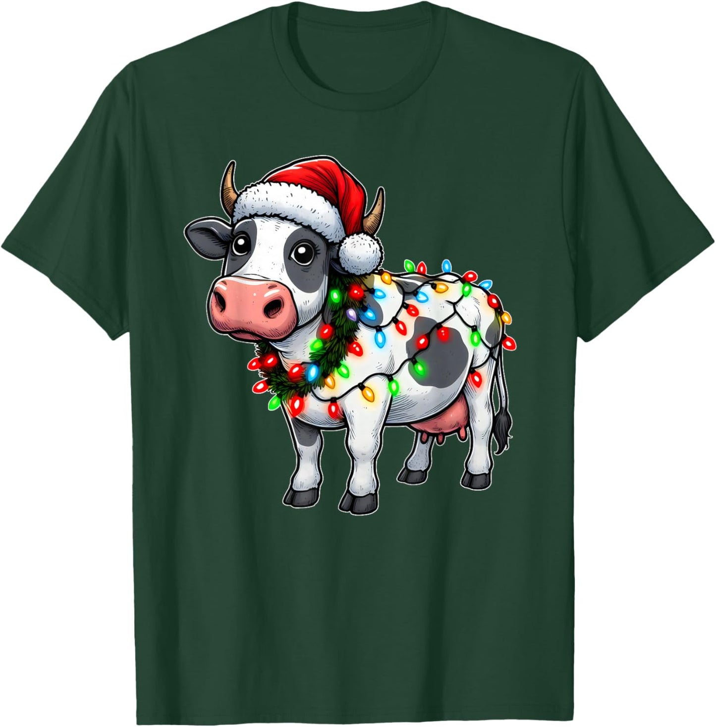 Merry Christmas Cow Santa Christmas Lights Cow Xmas Tree T-Shirt - T-Shirt | Forest
