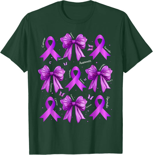 Purple Coquette Bow Cure Pancreatic Cancer Awareness T-Shirt - T-Shirt | Forest