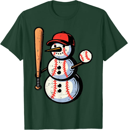 Christmas Baseball Player Snowman Xmas Boys Kids Men Youth T-Shirt - T-Shirt | Forest