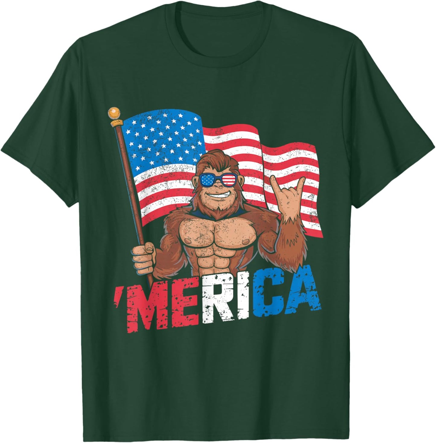 Bigfoot Merica Rock American Flag Patriotic 4th Of July T-Shirt - T-Shirt | Forest