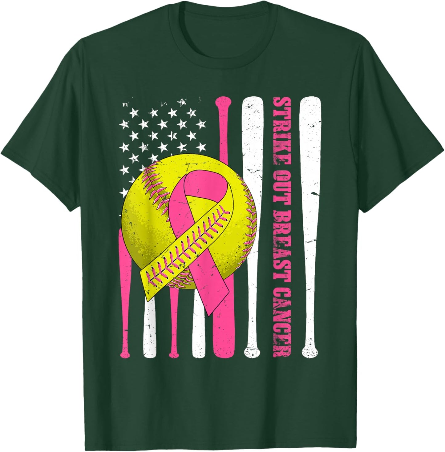 Strike Out Breast Cancer Softball American Flag Women Girls T-Shirt - T-Shirt | Forest