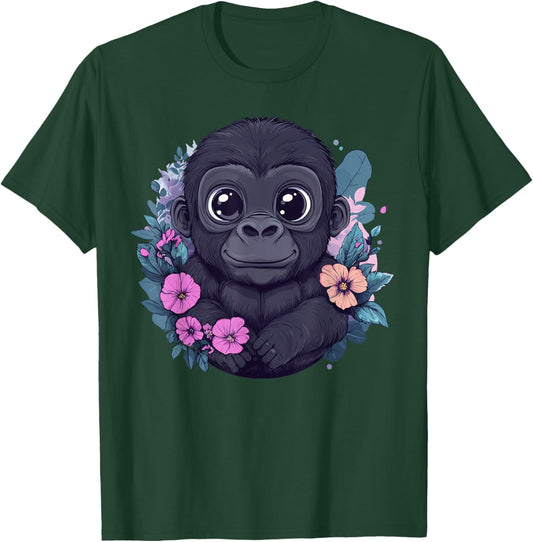 Adorable Baby Gorilla Surrounded By Flowers T-Shirt - T-Shirt | Forest