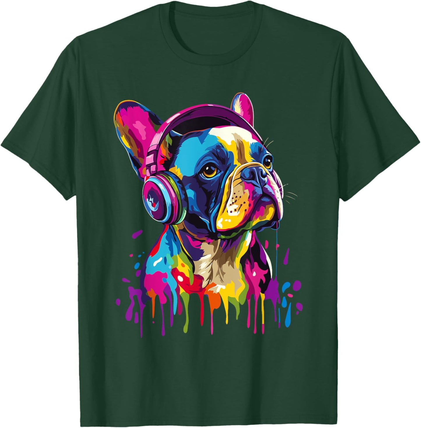 French Bulldog Lover Headphones Pop Art Funny French Bulldog T-Shirt - T-Shirt | Forest