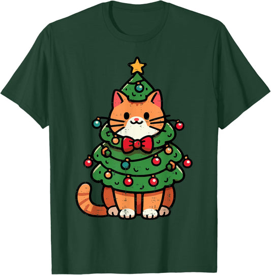Ginger Cat Christmas Tree Cute Xmas Girls Kids Toddler Women T-Shirt - T-Shirt | Forest