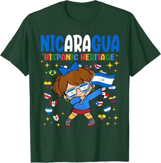 Hispanic Heritage Month Nicaragua Flag Nicaraguan Girl Kids T-Shirt - T-Shirt | Forest