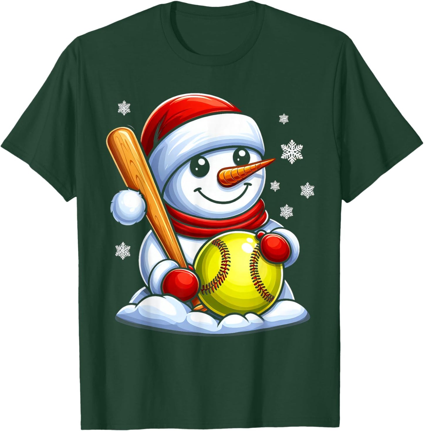 Softball Snowman Santa Hat Christmas Xmas Boys Girls Kids T-Shirt - T-Shirt | Forest