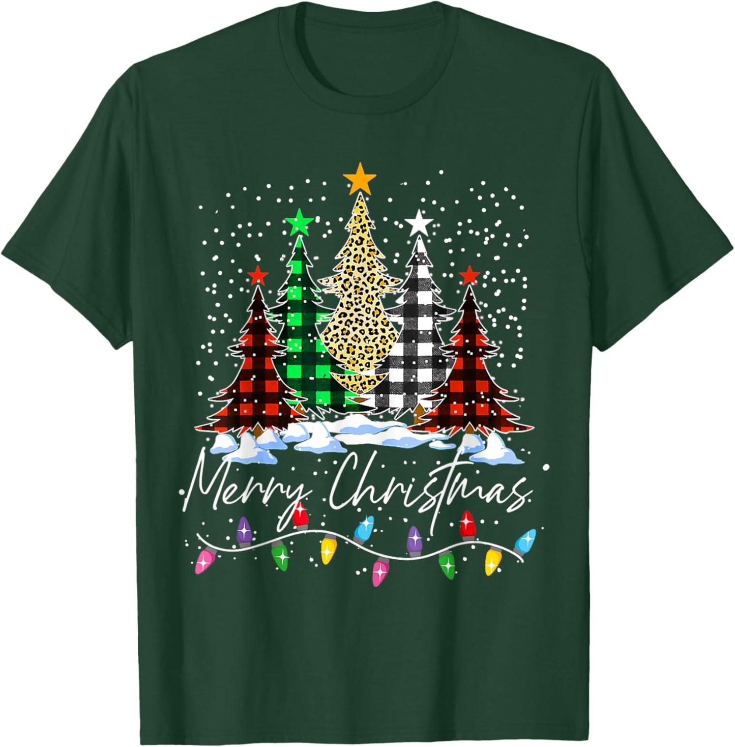 Merry Christmas Trees With Buffalo Red Plaid Leopard Xmas T-Shirt - T-Shirt | Forest