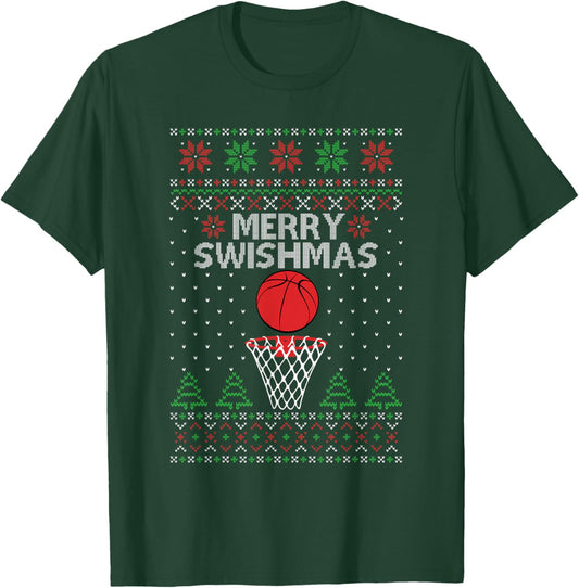 Merry Swishmas Ugly Christmas Basketball Funny Xmas T-Shirt - T-Shirt | Forest