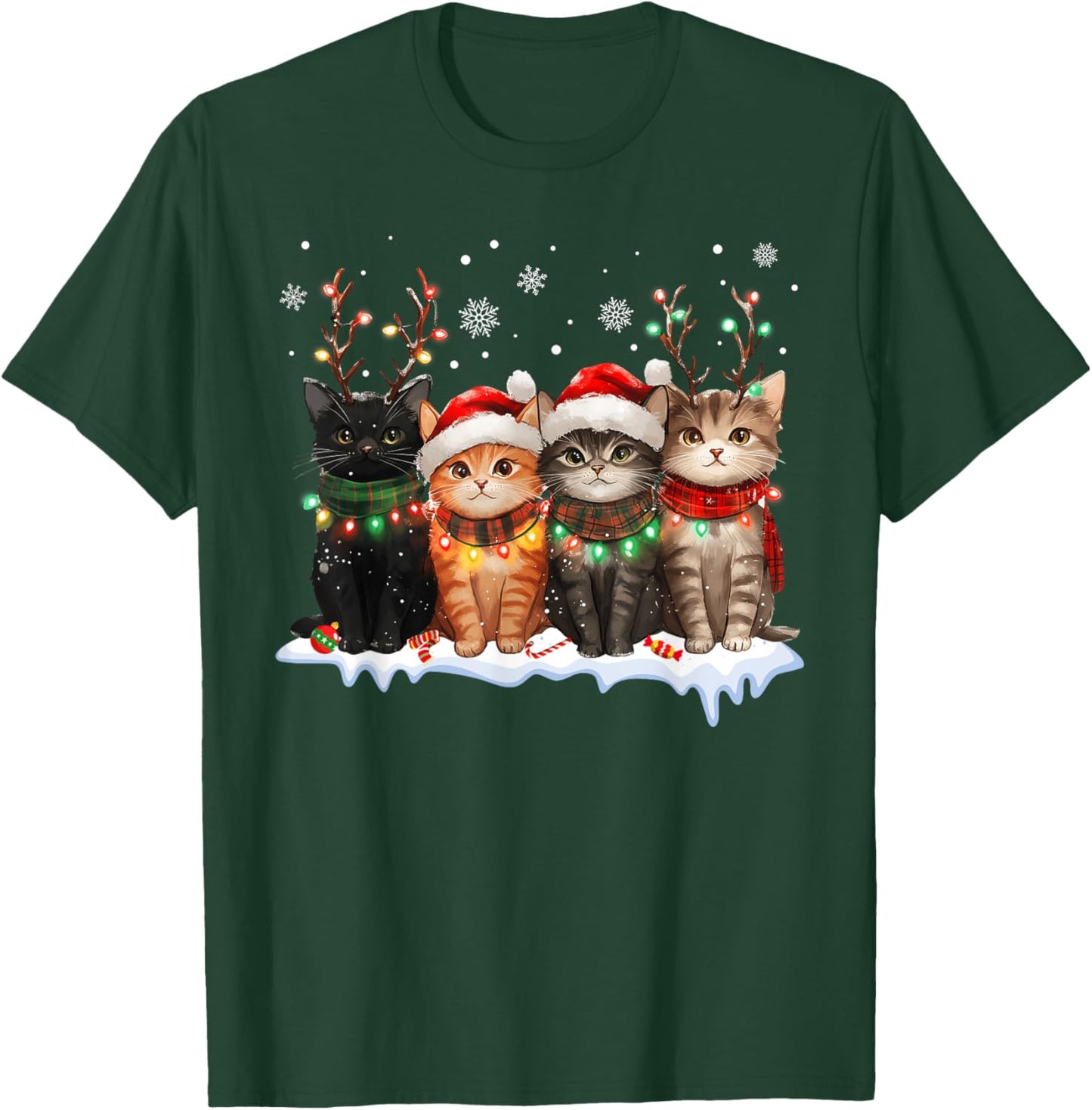 Cat Christmas Light Reindeer Santa Christmas Cat Lover Women Kids T-Shirt - T-Shirt | Forest